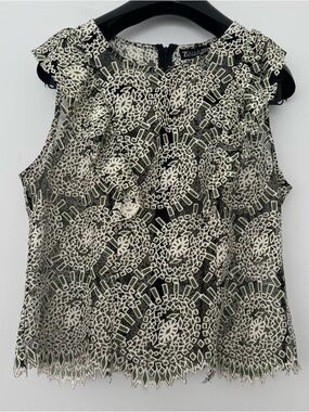Avenue Green White Scallop Lace Sheer Blouse Mesh Zip Festival Boho Romance M